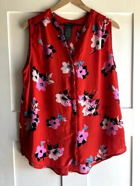 Chelsea & Theodore Women's Red Floral Sleeveless Blouse Top Size XL
